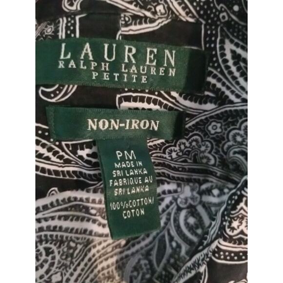 Ralph Lauren Chaps Shirt Top Womens Petite Medium Black White Paisley Button - Picture 4 of 7